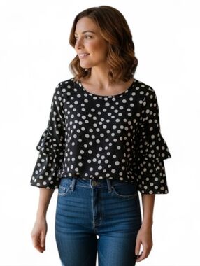 Classic Polka Dot Ruffled Tiered Blouse Office Career SZ L